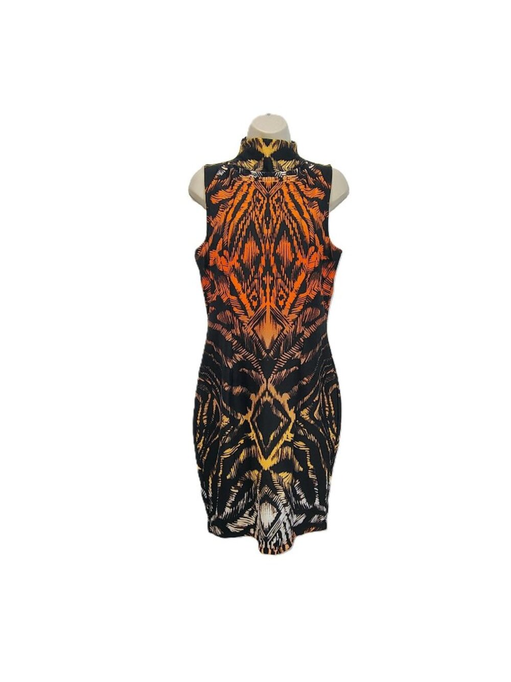 Venus Midi Dress Womens Size 10 Sheath Turtleneck Black Orange Yellow Patterned
